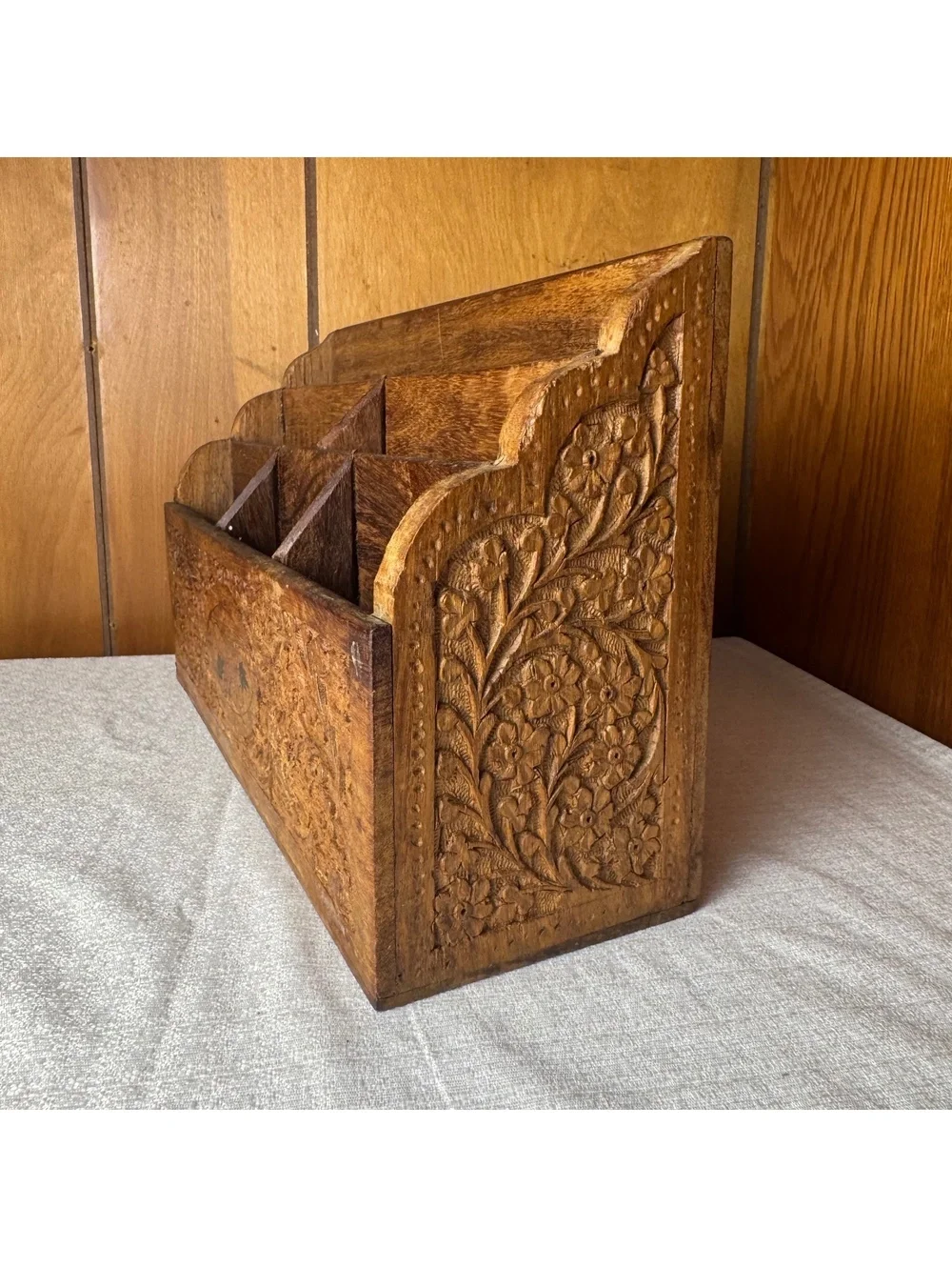 Vintage Hand Carved Wooden Desk Organizer Letter Holder Mail Sorter Boho